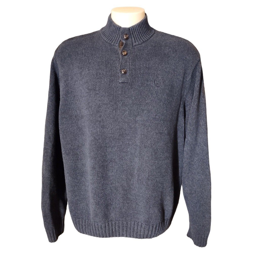 Chaps Knit‎ Sweater Mock Neck Button Up Adult Mens XL Navy Blue w/ brown patches